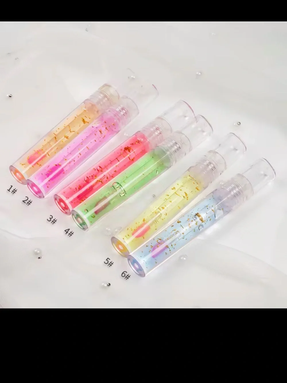 Shimmer Lip Gloss Trio — Pink, Blue & Green with Gold Flakes